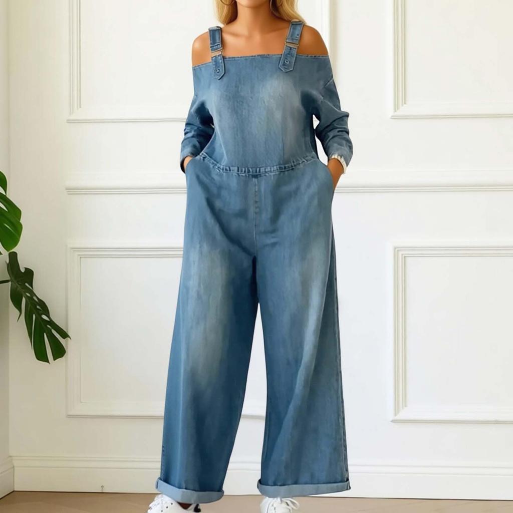 Damen schulterfrei weiter Bein Denim Jumpsuit verstellbarer Träger lockere Passform Latzhose lässige lange Hose
