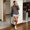 Fall Winter Women's Striped Button Polo Neck Casual Sweatshirt, European American Style Crossbody New Arrival