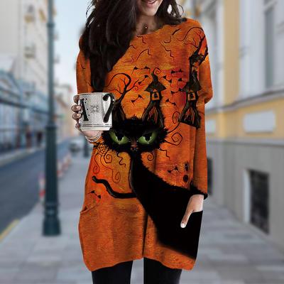 Women's Black Cat Print Crew Neck Dress Spring Fall Plus Size Dress Pocket Dresse