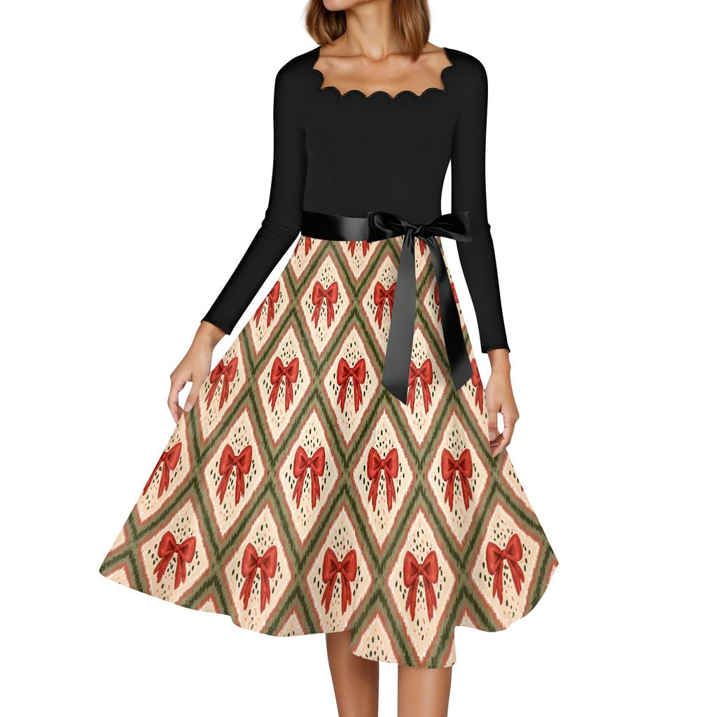 Women's Casual Fashion Christmas Print Square Neck Vintage Dress for Holiday Party