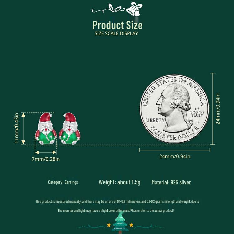 Yinziyun 925 Sterling Silver Luminous Santa Claus Stud Earrings - Trendy European & American Christmas Gift.