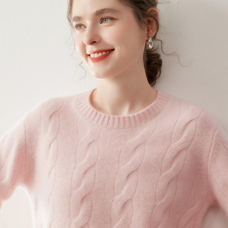 Women's Fashionable Cashmere Cable Knit Pullover - Solid Color, Round Neck, Drop Shoulder, Age-Reducing Wool Sweater