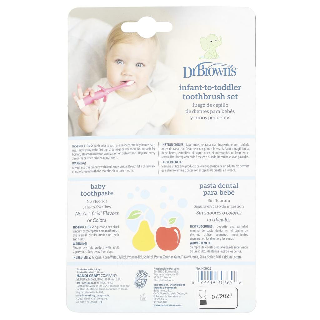 Dr. Brown'S, Toothbrush Set for Toddlers, Ages 0-3, Pink, Apple Pair, Set of 2
