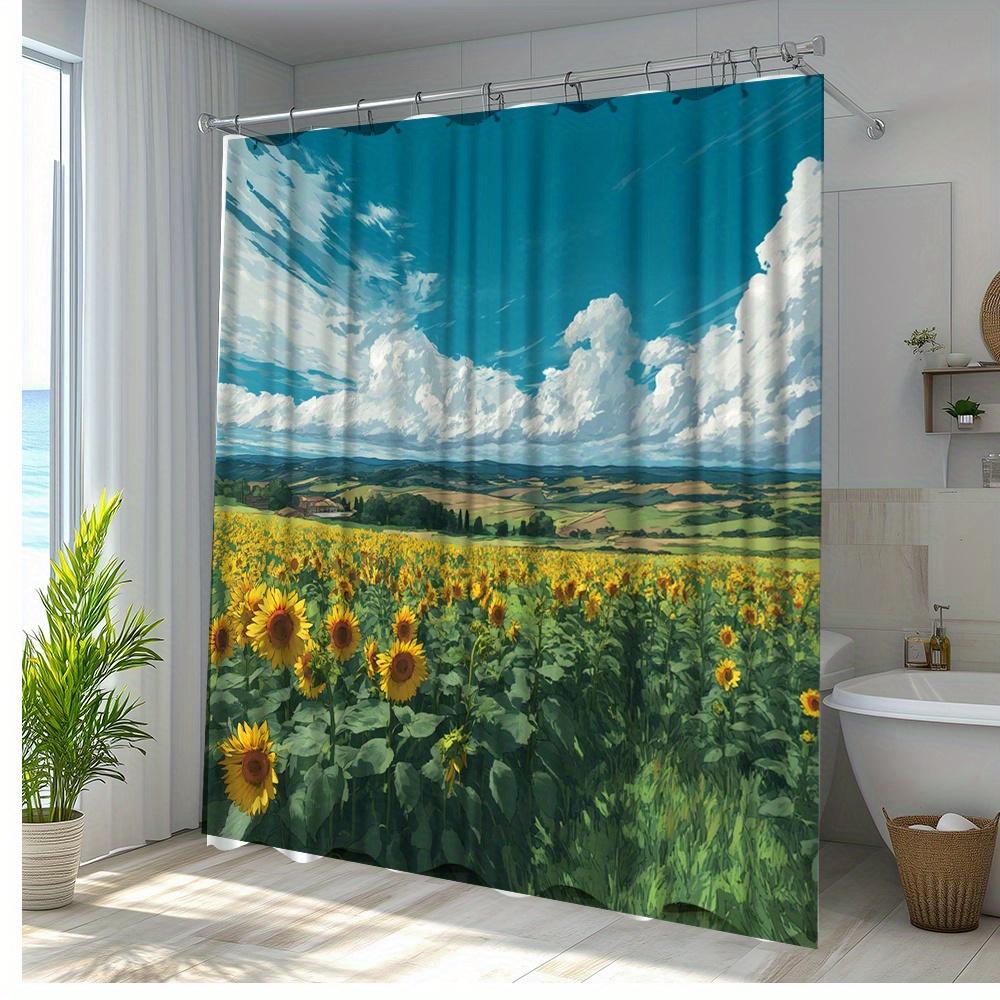 1pc Vibrant Sunflower Shower Curtain - Lush Landscape Design with Rolling Hills & Blue Sky, Machine Washable Polyester Fabric,