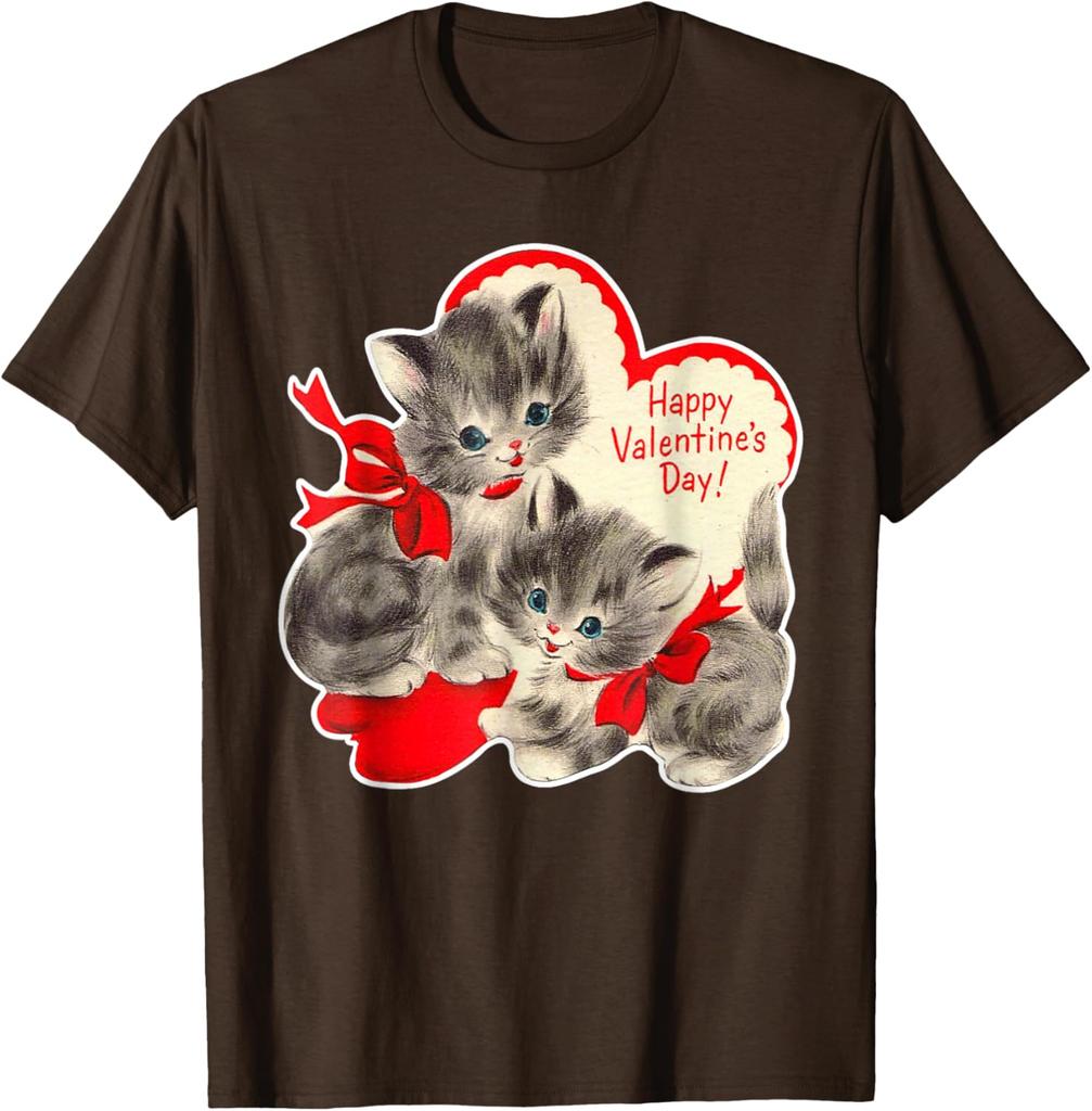 Vintage Kitten Valentine Graphic T-Shirt Retro Holiday Print Soft Cotton Casual Daily Tee