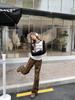 2026 Spring/Summer Women's Black & White Patchwork Raglan Long Sleeve Tee - American Style Print, Loose Fit, Color Block Trendy Top