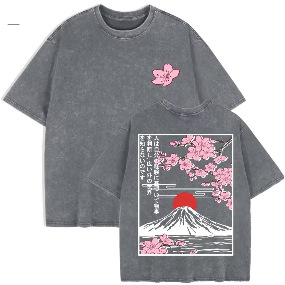 Summer Women Mount Fuji Cherry Blossoms Graphic Print Washed Cotton O Neck Oversized Short Sleeve Streetwear Loose Basic To