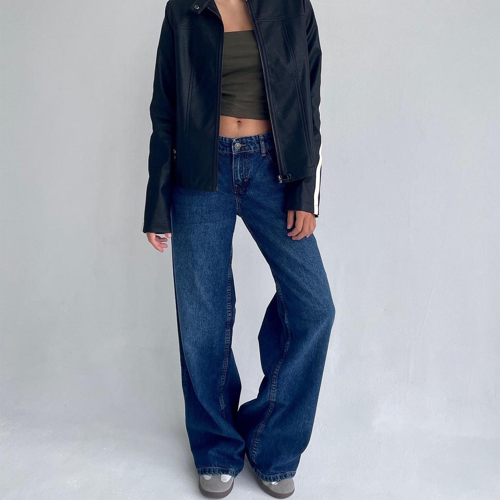 Women's Retro Low Waist Washed Straight Leg Jeans - Wide Leg Autumn Denim Pants