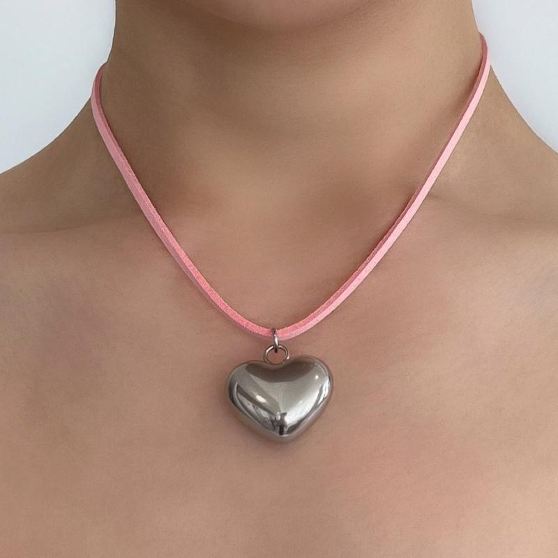 Goth Wax Rope Big Heart Pendant Choker Necklace for Women Elegant Weave Knotted Bowknot Drawing Adjustable Chain Jewelry