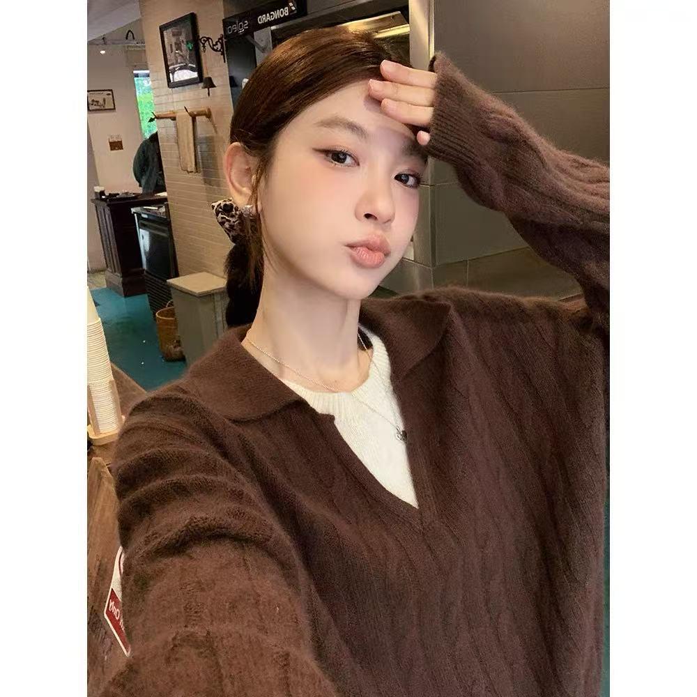 Women's Two-Piece Look Polo Collar Wool Sweater - Thick and Loose Knitwear for Autumn/Winter