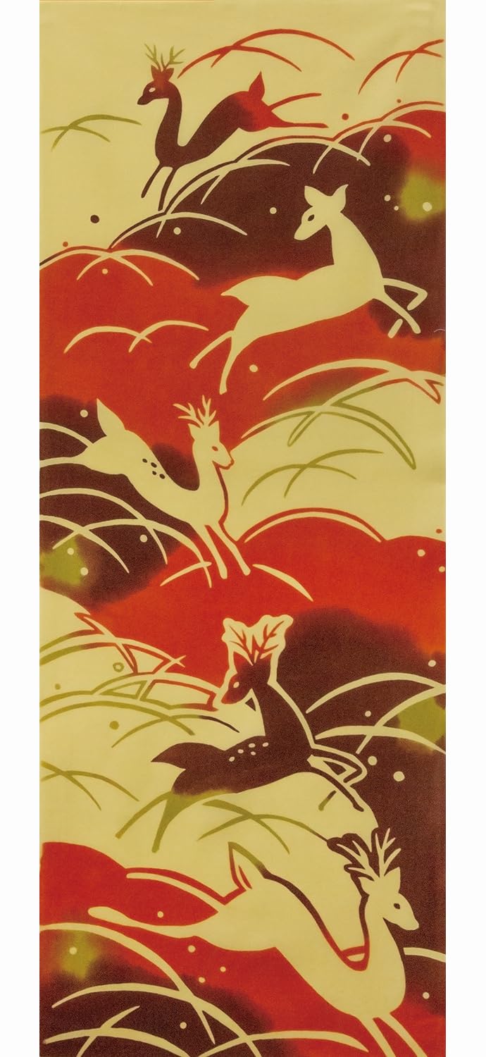 

Prairie Dog Dyed Tenugui Towel with Autumn Pampas Grass Fields and Deer by Wabunka Pattern, [TE-528]
