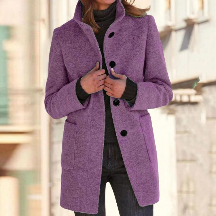 Women's Casual Solid Color Woolen Jacket with Collar and Pocket Long Sleeve Button Up Coat
