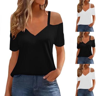 Women's Fashion Loose Solid Top V-neck Off Shoulder Short Sleeve T-shirt