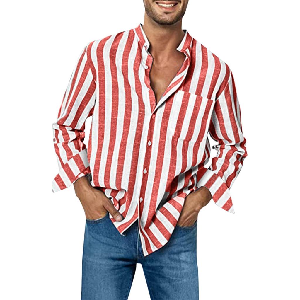 Men's Fashion Casual Pocket Striped Button Long Sleeve Top T Shirt Shirt