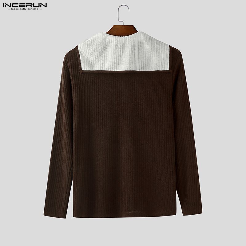INCERUN Men Sailor Collar Long Sleeve Stitching Autumn Rib Knitted Pullovers Tops