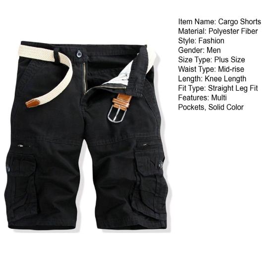 Men Cargo Shorts Mid-rise Button Zipper Closure Casual Shorts with Multi Pockets Solid Color