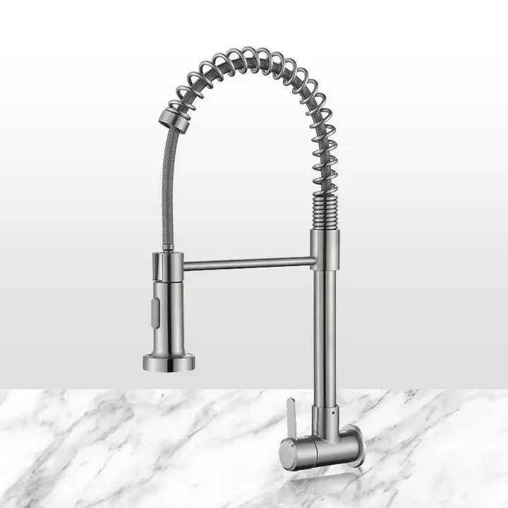 Hot Sale Commercial Single Handle SUS 304 Sink Faucet Wall Mounted Single Cold Taps Pull Down Sprayer Spring Kitchen Faucet