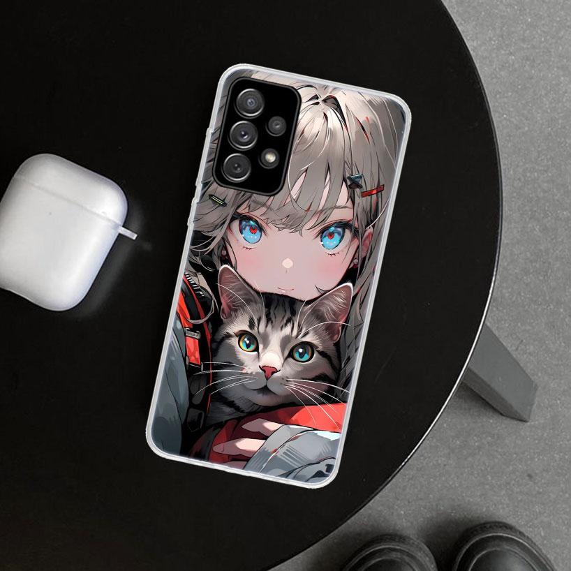 Anime Girls Cute Black Cat Phone Case Cover for Samsung Galaxy A12 A22 A32 A52 A72 A02S A51 A50S A31 A20S A10S Note 20 Ultra 10