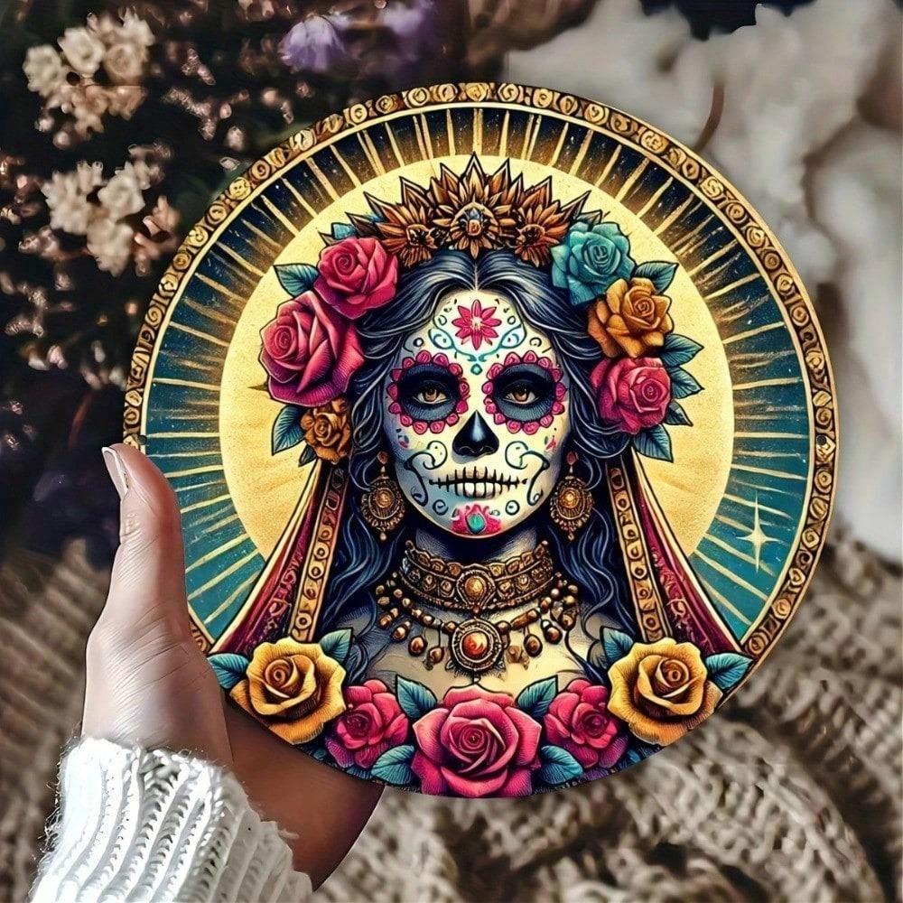 Vintage Sugar Skull Tin Wall Sign 8x8 Inch Retro Day of The Dead Metal Plaque Home Bar Cafe Decor