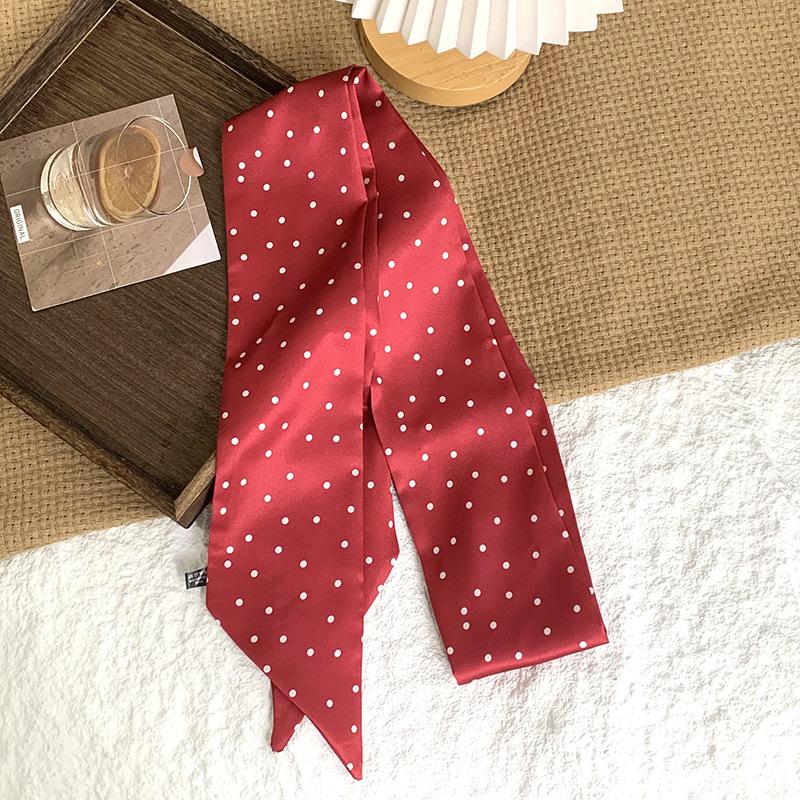 Polka dot silk scarf, long strip, high-end sense, summer retro binding, ribbon, streamer, multi-purpose, small scarf, headscarf, headband, belt.
