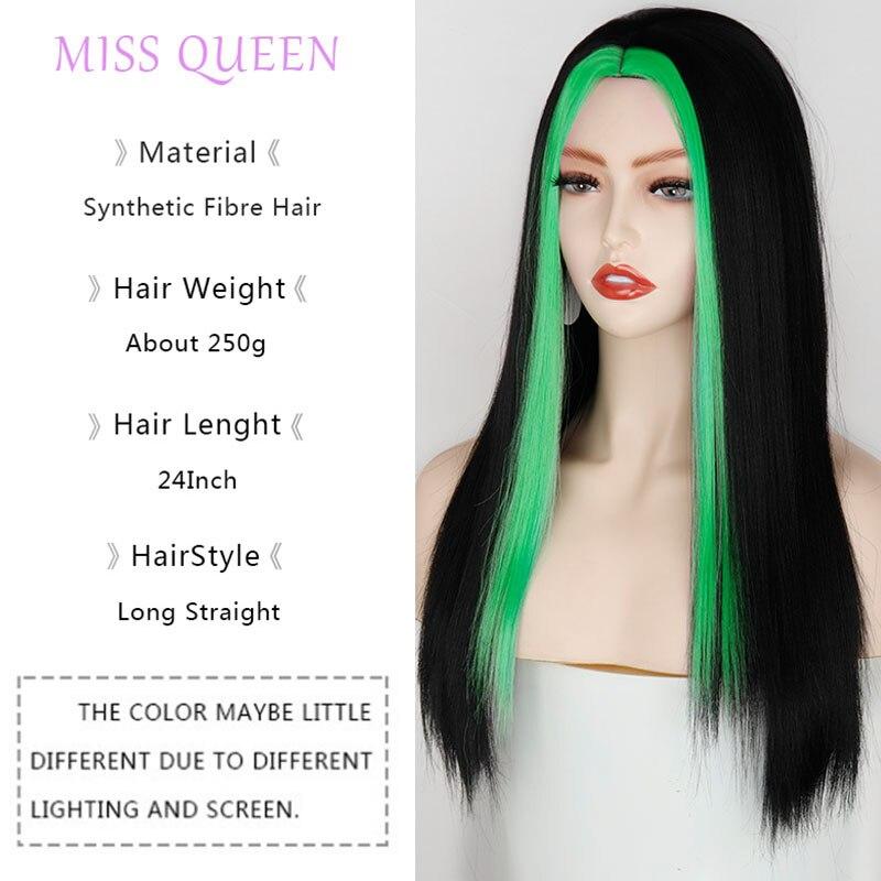 Buy MISSQUEEN Fashion Long Black Straight Hair Wig Highlighting Green