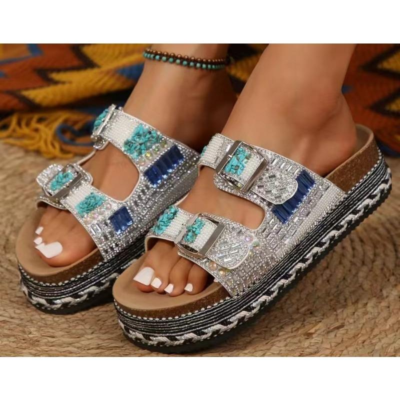 New Style Chunky Sole Hemp Rope Double Buckle Rhinestone Beach Sandals - Plus Size Women's Shoes