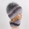 Hot Sale Women Winter Real Rex Rabbit Fur Hat Scarf Sets Natural Warm Genuine Silver Fox Fur Rex Rabbit Fur Cap Scarves 2 Pieces