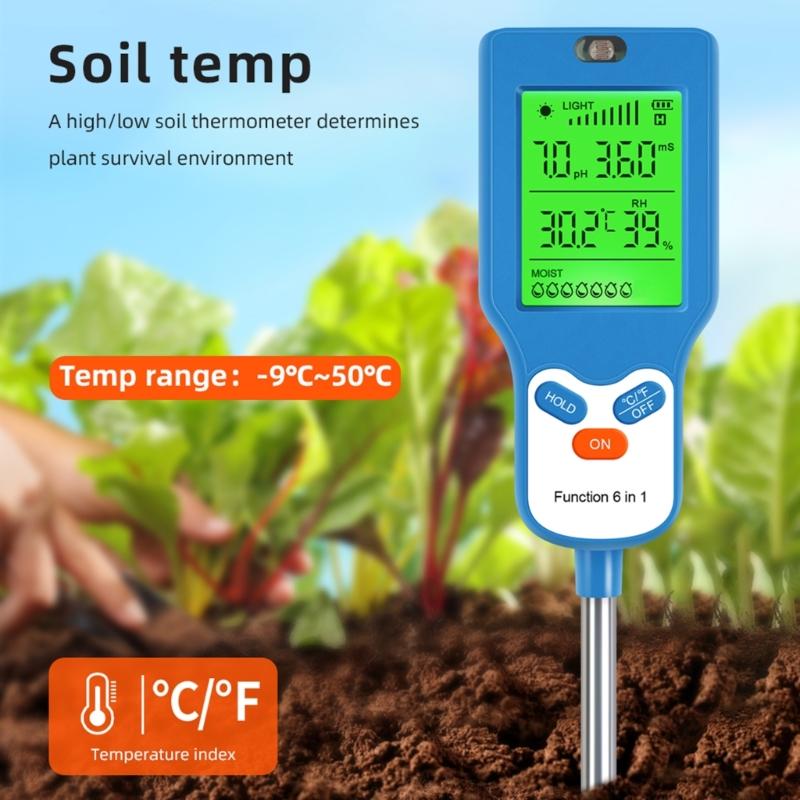 6 In 1 Multiple Parameters Soil Tester for Accurate Measurement of , Temperature, Humidity, Light, and Moisture In Garden Setting