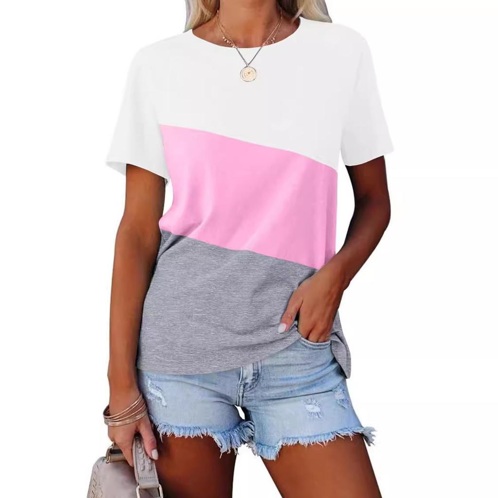 Women's Summer Color Matching Top Casual Short Sleeve Crew Neck T-Shirt