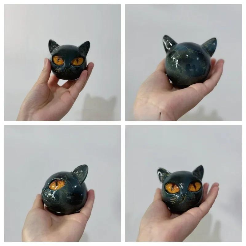 Black Red Green Eye Cat Stone Figurine Resin Cat Head Healing Stone Marble Texture Cat Stone Keepsake Gift Office Desk Cat Decor