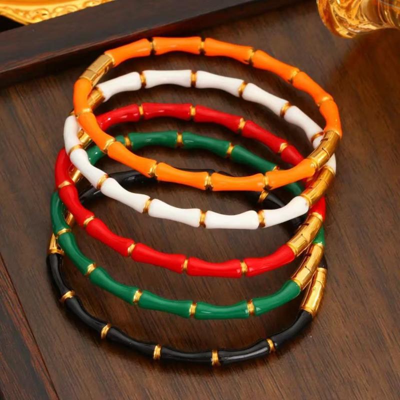 Stylish Colorful Bamboo Joint Bangle Gold Stainless Steel Enamel Resin Bracelet Non-Fading Simple Stainless Steel Bangle Trendy