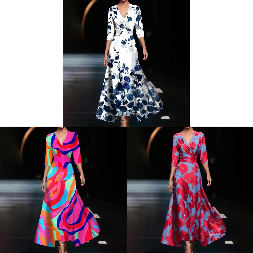 Sommer-Polyester 3D-Effekt-Print V-Ausschnitt Midi-Kleid für Büro-Chic-Frauen