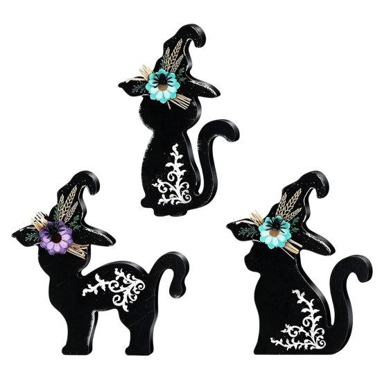 Witch Hat Table Decorations 3Pcs Halloween Decoration, Black Cat Ghost Decor, Figurines Rustic Farmhouse Wooden Centerpieces for Home Office