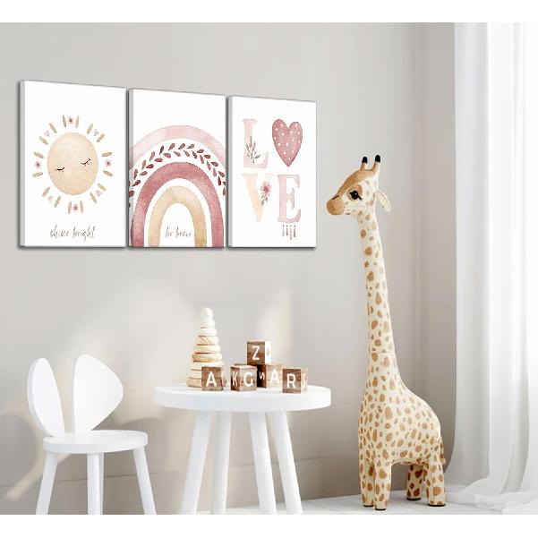 3 Pcs Nursery Canvas Wall Art Pink Sun Rainbow Hearts Posters Prints Boho Kids Room Pictures Wall Decor for Toddlers Children Baby Girl Bedroom Home