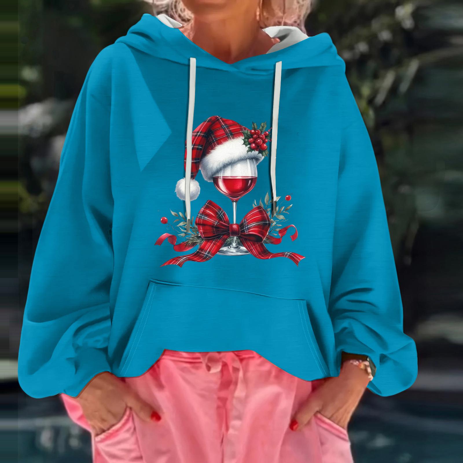 

Женский рождественский принт, свободный повседневный худи с длинным рукавом и капюшоном S