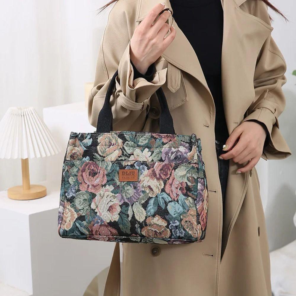Casual Floral Print Women's Tote Bag Thickened Canvas Lunch Bag Zipper Large Capacity Jacquard Handbag
