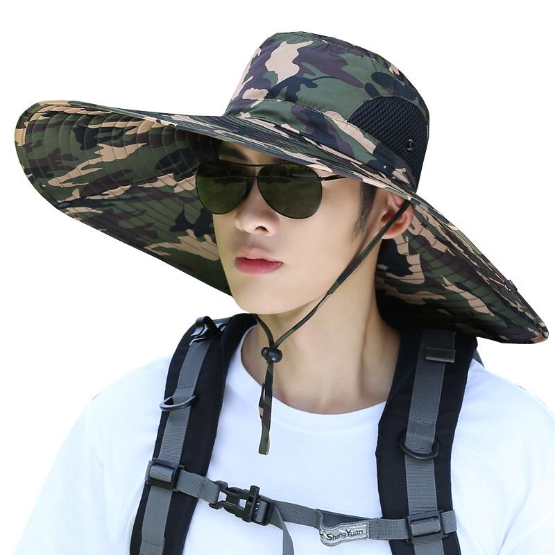 Męski kapelusz przeciwsłoneczny z szerokim rondem - Letni kapelusz słomkowy ochronny na zewnątrz do wędkowania i budowy.