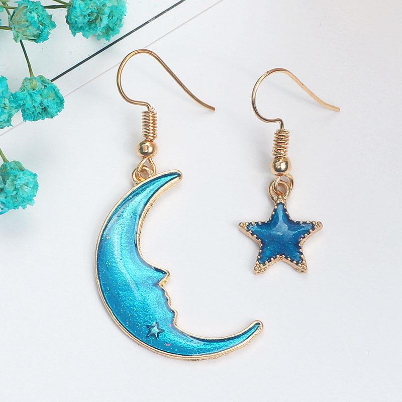E1383 Orecchini a Gancio Asimmetrici Lunghi Piccoli Freschi a Forma di Cuore di Bambina con Stelle-Luna Pianeta Cielo Stellato Donna