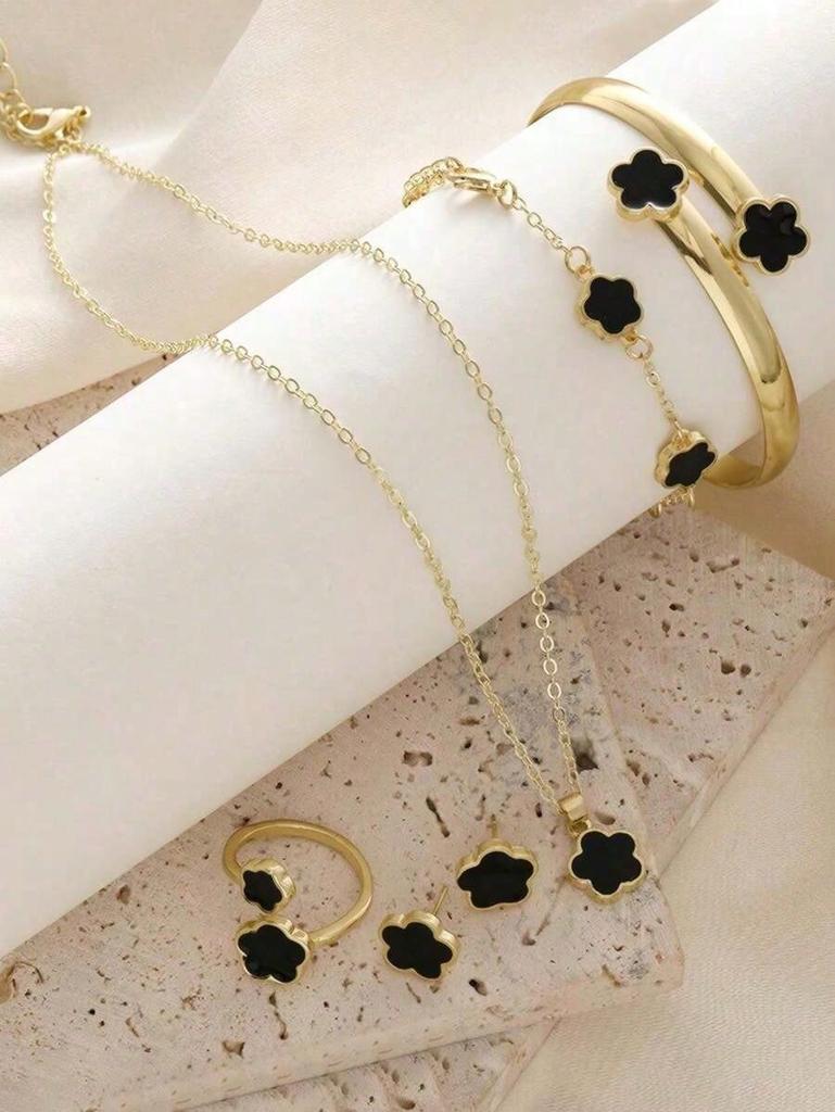 6pcs Same-Color Lucky Flower Jewelry Set - Earrings+Necklace+2 Bracelets+Ring, Cute Daily Decoration Accessories