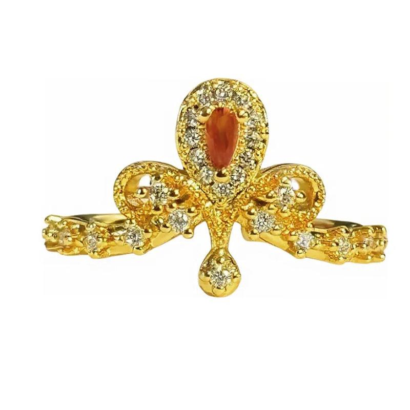 Medieval Vintage Orange Red Zircon Inlaid Simple Open Ring Female Retro Flower Temperament Niche Index Finger Ring