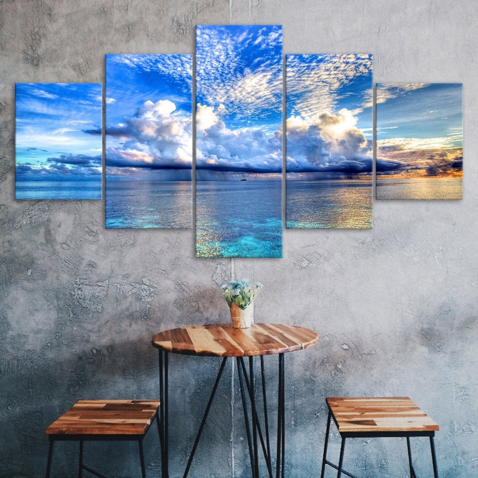 

Blue Sky White Clouds Sea View 5 Piece Five Panel Wall Canvas Print Modern Art Poster Picture Home Decor Gift For Him For Her 20X35 20X45 20X55CM