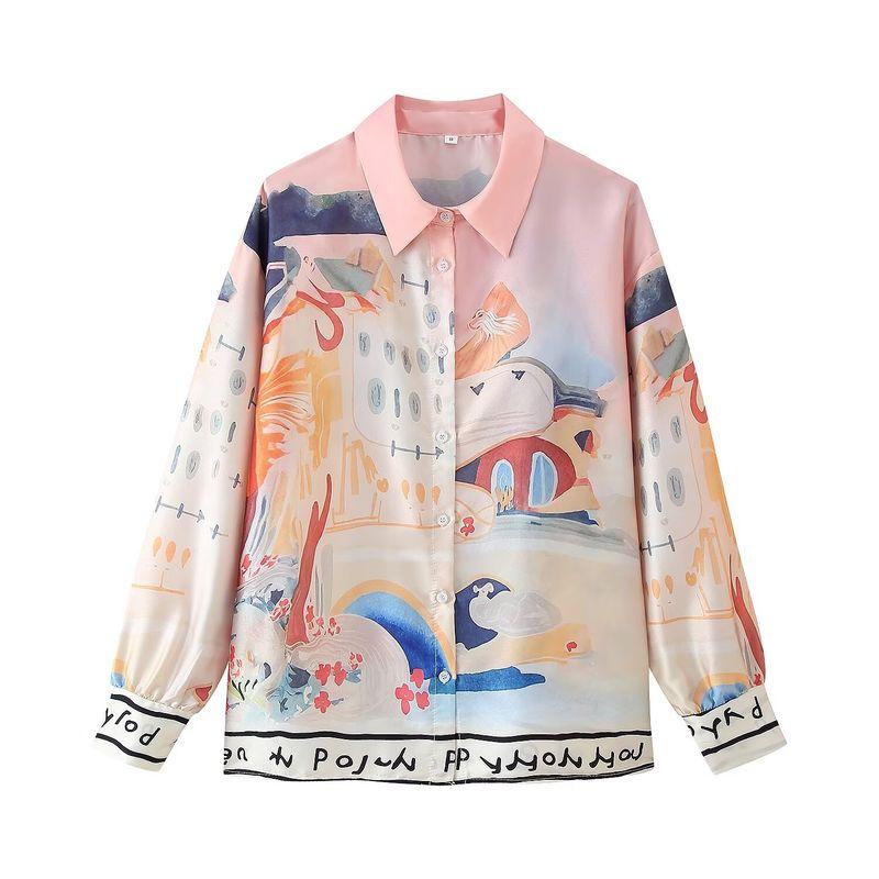 Kaslead New Women clothes Western Style Positioning Print Lapel Long sleeve Shirts Casual Trousers