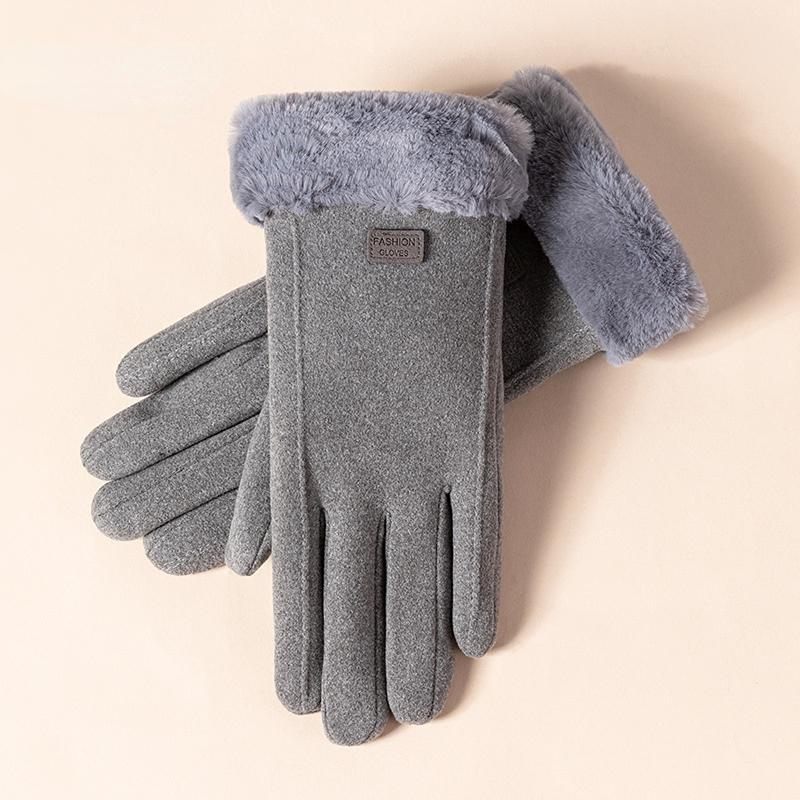 Winter Thickened Plush Gloves Womens Leather Glove All Finger Warmth Cold Proof Single Color Elegant Mittens Stylish Accessories