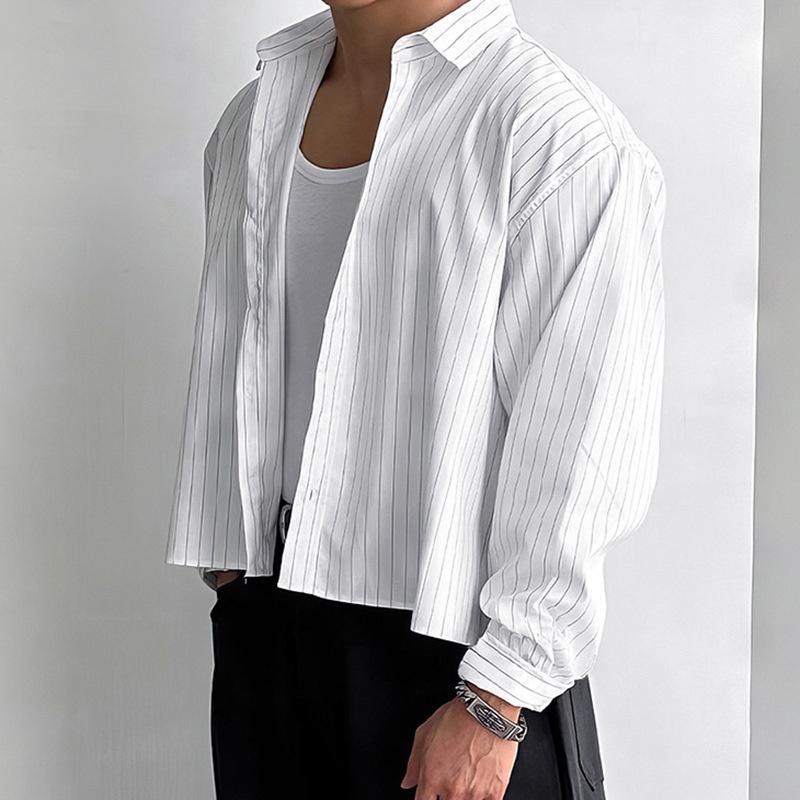 2026 Spring and Autumn New Men's Long-Sleeve Striped Shirt, Loose Short Base Shirt