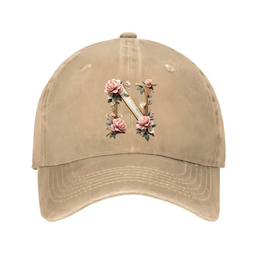 Floral Letter N Monogram Baseball Cap Adjustable Distressed Polyester Casual Hat for Unisex Adults