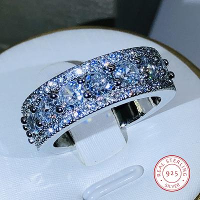 Elegant Temperament Geometric White Zircon Ring For Ladies  Sterling Silver Party Birthday Cocktail Jewelry Gift