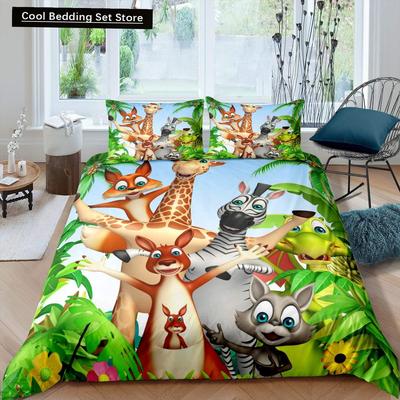 Kinder Cartoon Tier Zebra Giraffe Fuchs Känguru Königin König Bettbezug Junge Mädchen Hase Wildtiere Bettwäsche Set Polyester Steppdecke Bezug
