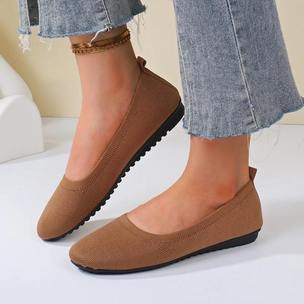 Fashion Women's Round Toe Flat Shoes Solid Color Knitted Slip on Shoes Casual Breathable Ballet Flats Comfortable Women Flat Loafers