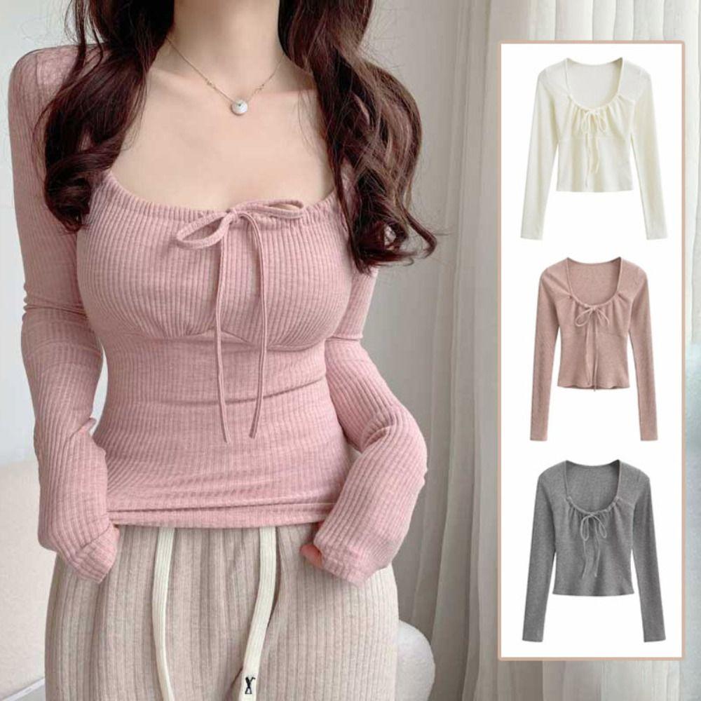 Thin Sweet Slim Tops Square Neck Lace Up T-shirt All-Match Long Sleeve T-shirt  Girls