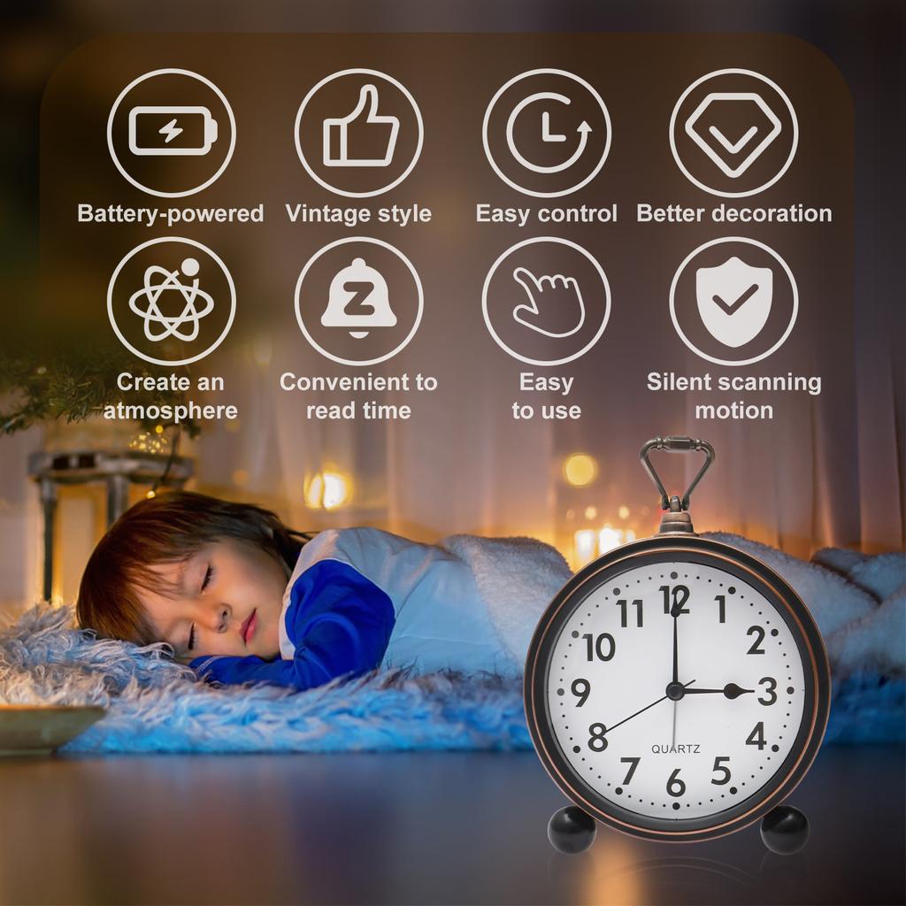 Vintage Alarm Clock Battery Operated Metal Alarm Clocks No Ticking Silent Desktop Retro Clock for Home Bookshelf and Nightstand